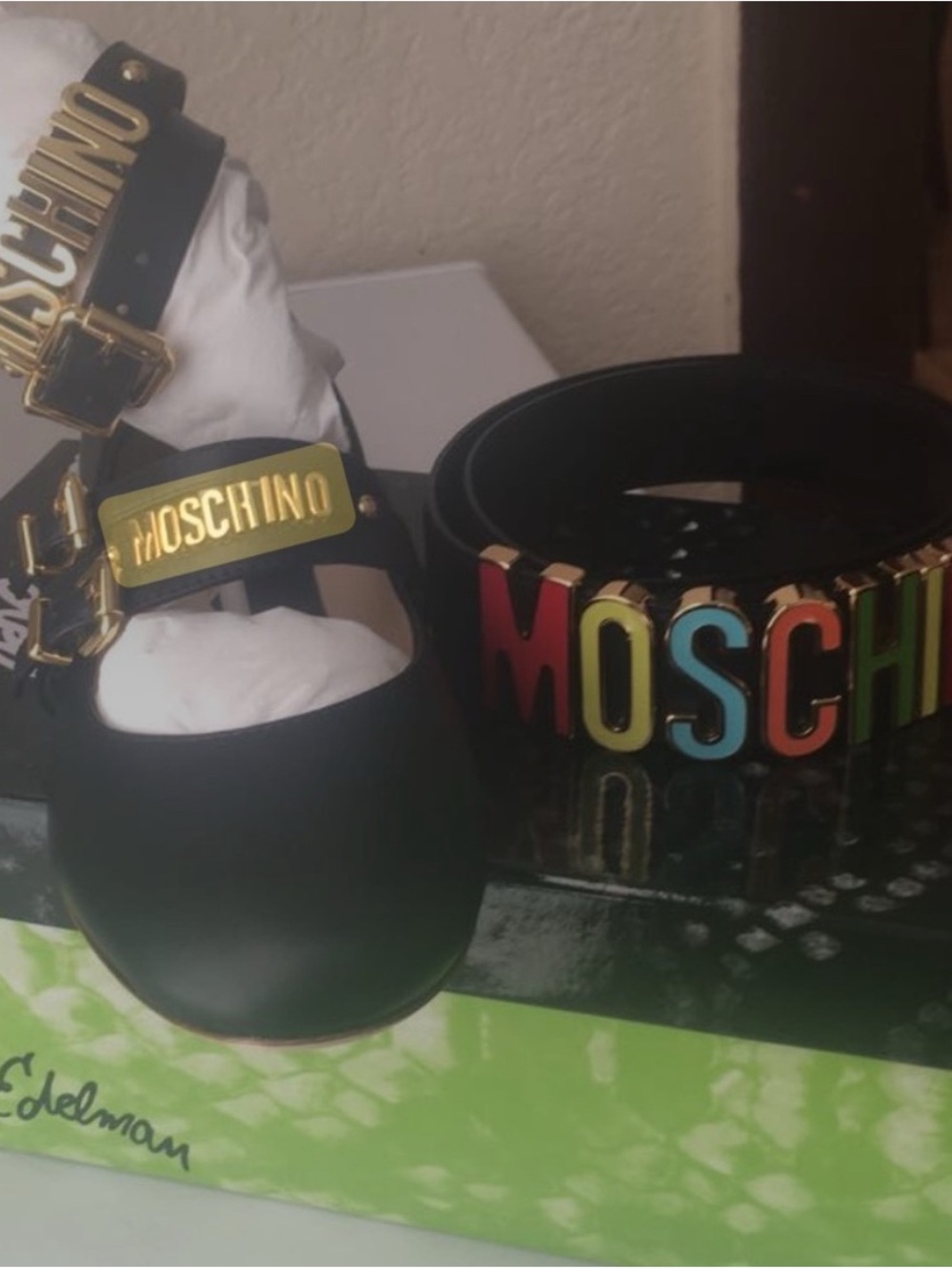 Moshino shoes, belt & matching Moschino White Tee with Black and Gold Bag Print